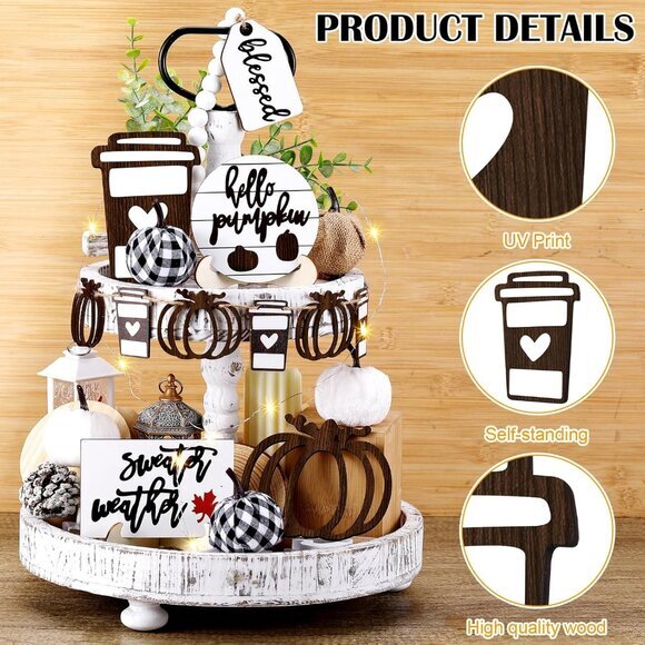 19 PCS Rustic Fall Tiered‎ Tray Decor - Autumn Pumpkins & Farmhouse Signs Set - Picture 4 of 7
